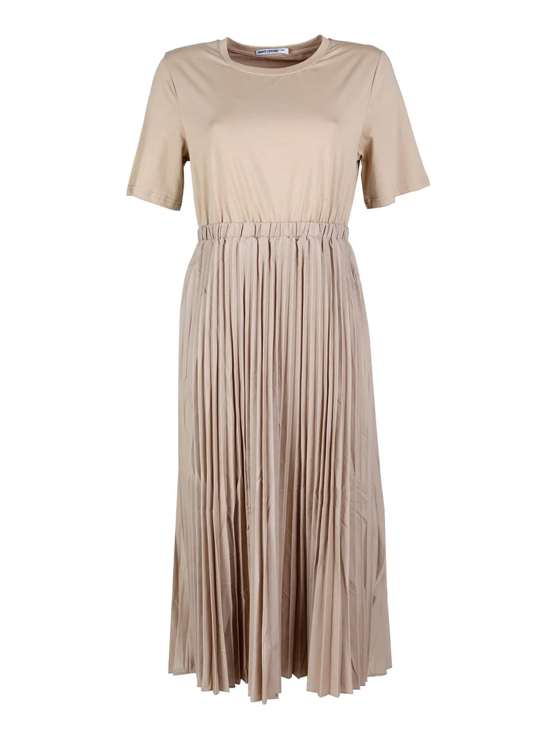 Abito lungo da donna in cotone a maniche corte con gonna plisssettata - khaki