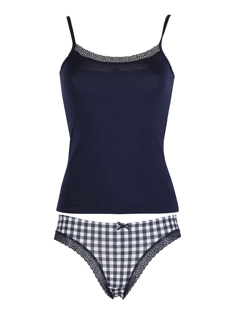 Coordinato intimo da donna con top e slip a quadretti - blu scuro