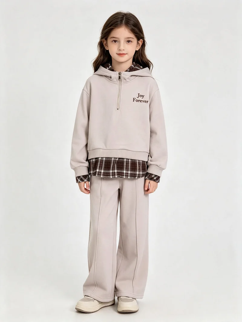 Completo da bambina 2 pezzi felpato con cappuccio e inserti camicia - fango
