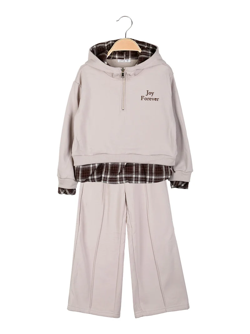 Completo da bambina 2 pezzi felpato con cappuccio e inserti camicia - fango