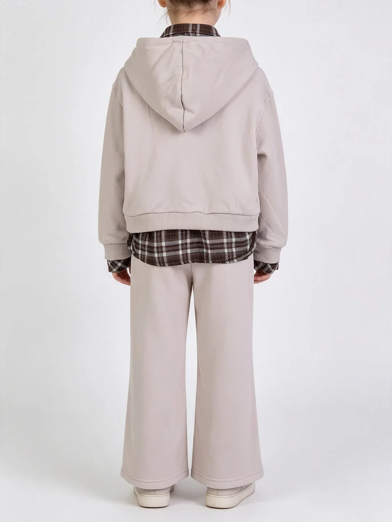 Completo da bambina 2 pezzi felpato con cappuccio e inserti camicia - fango