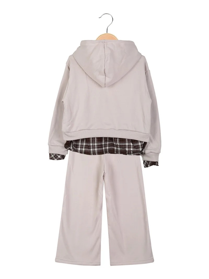 Completo da bambina 2 pezzi felpato con cappuccio e inserti camicia - fango