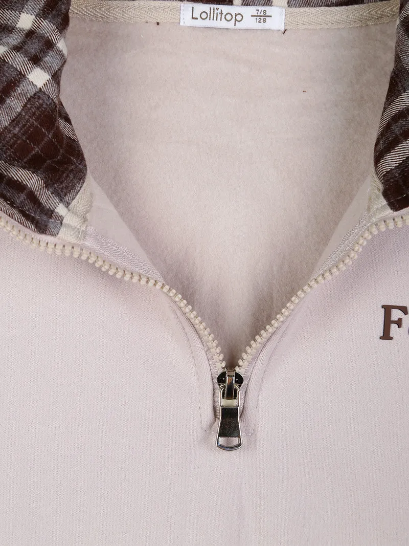 Completo da bambina 2 pezzi felpato con cappuccio e inserti camicia - fango
