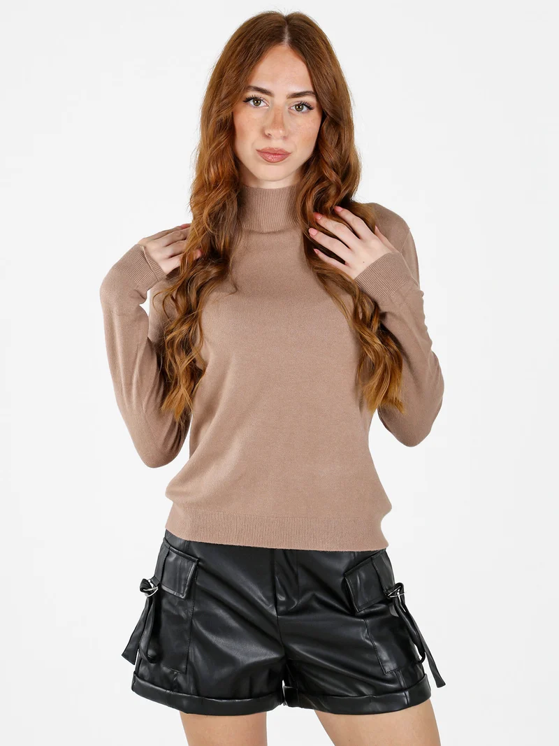 Pullover donna in maglia a collo alto - marrone