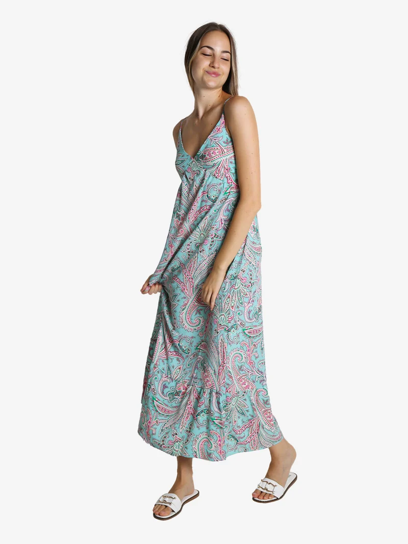 Abito lungo da donna a fantasia con spalline sottili - verde