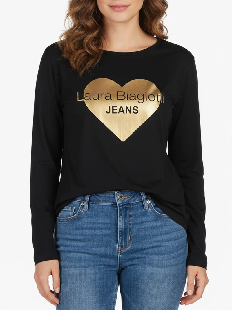 T-shirt donna a maniche lunghe con stampa cuore - nero