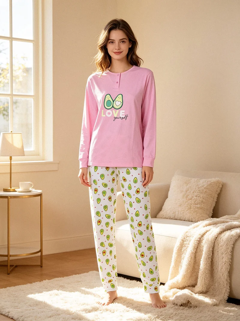 Pigiama lungo da donna in cotone con stampe - rosa
