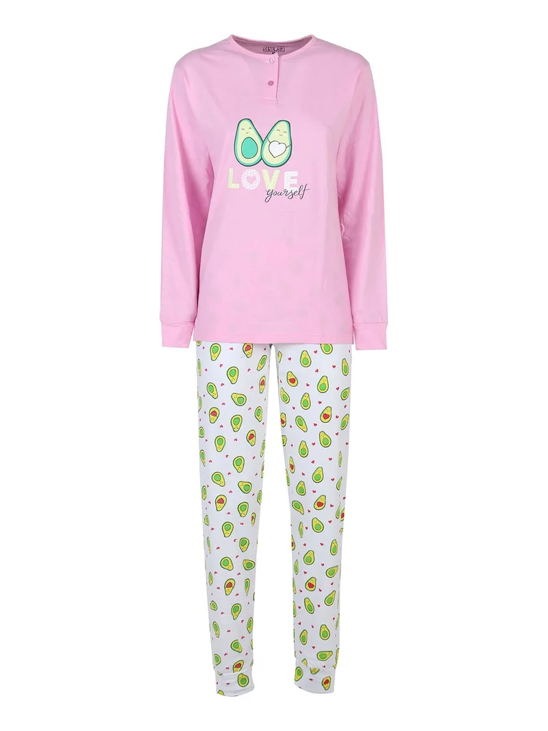Pigiama lungo da donna in cotone con stampe - rosa