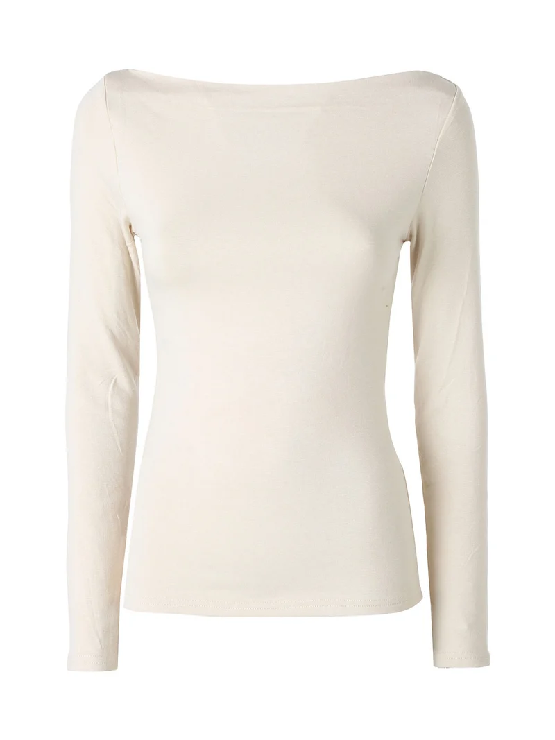 Maglia donna a maniche lunghe con scollo a barchetta - beige