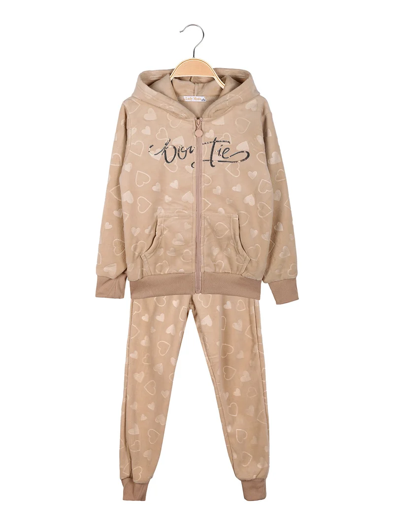 Completo tuta da ragazza 2 pezzi in ciniglia con cappuccio e zip - beige