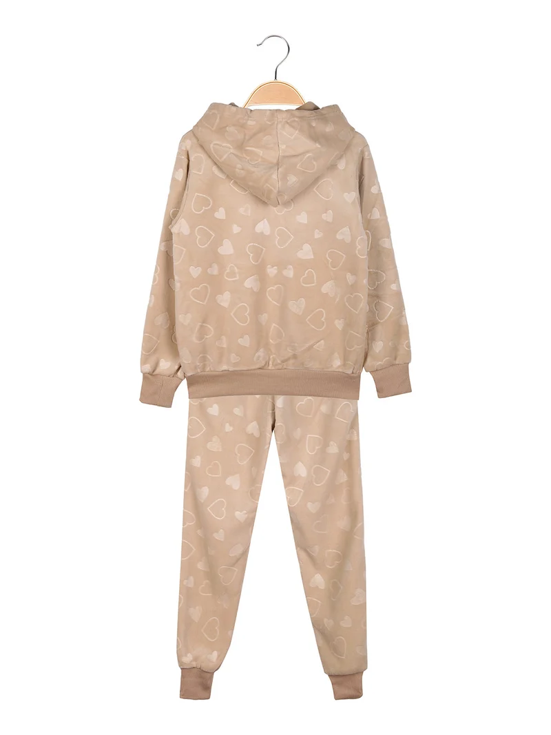 Completo tuta da ragazza 2 pezzi in ciniglia con cappuccio e zip - beige