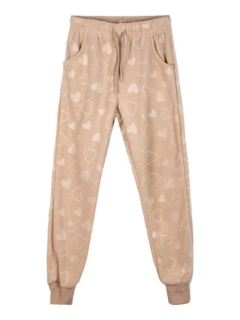 Completo tuta da ragazza 2 pezzi in ciniglia con cappuccio e zip - beige
