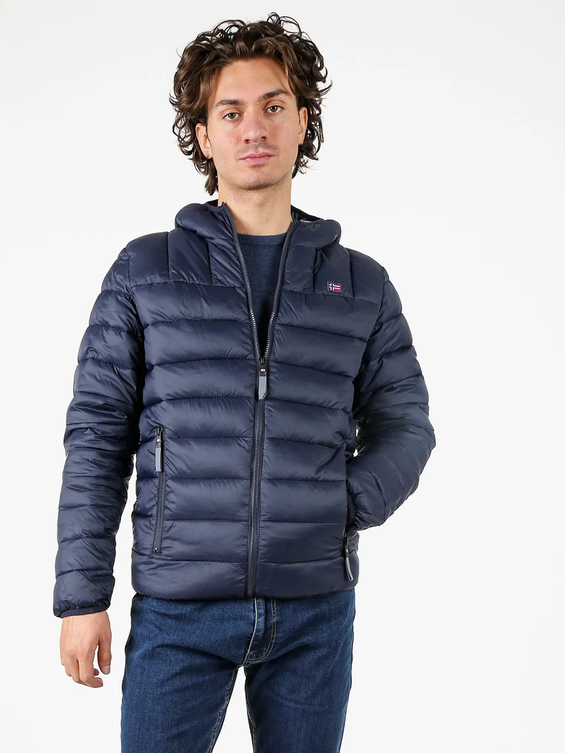 Giubbotto piumino da uomo con cappuccio e zip - blu scuro