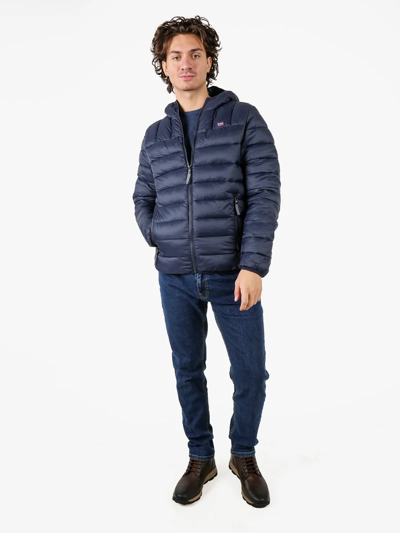 Giubbotto piumino da uomo con cappuccio e zip - blu scuro