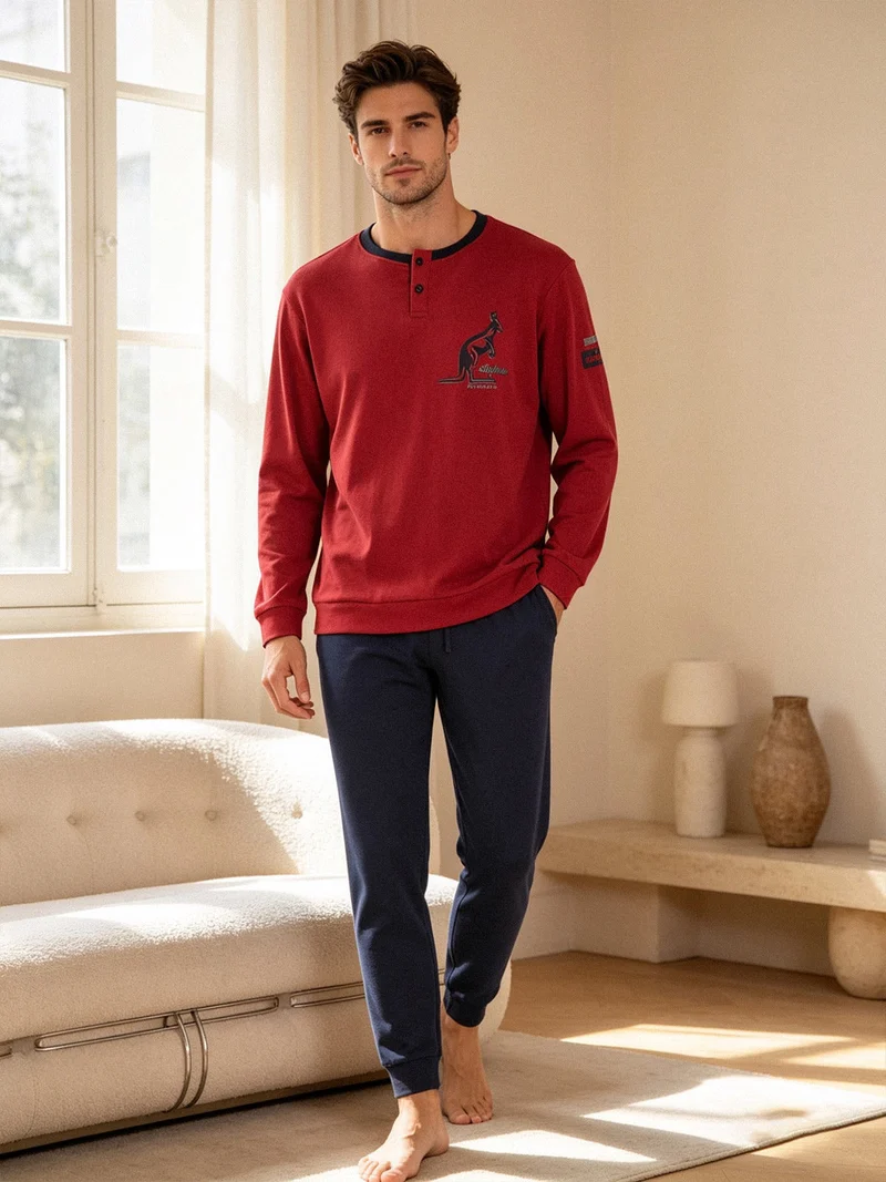 Pigiama lungo da uomo in misto cotone interlock - bordeaux