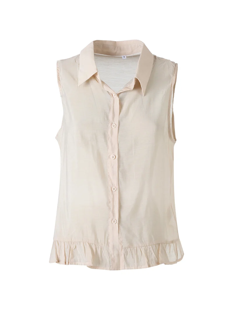 Camicetta smanicata da donna con volant sul finale - beige