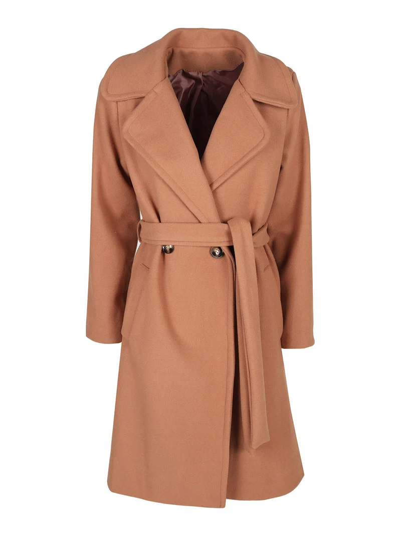 Cappotto donna con cintura e bottoni a doppiopetto - cammello