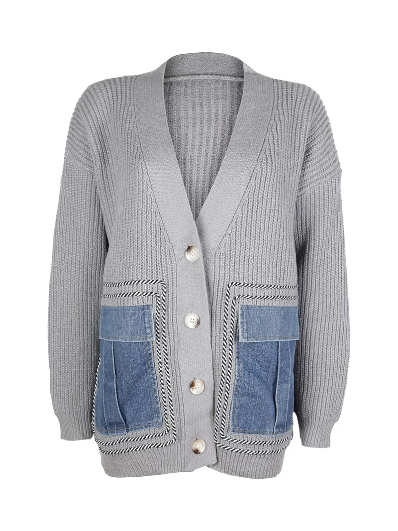 Cardigan donna ovesize in maglia con tasche in jeans - grigio
