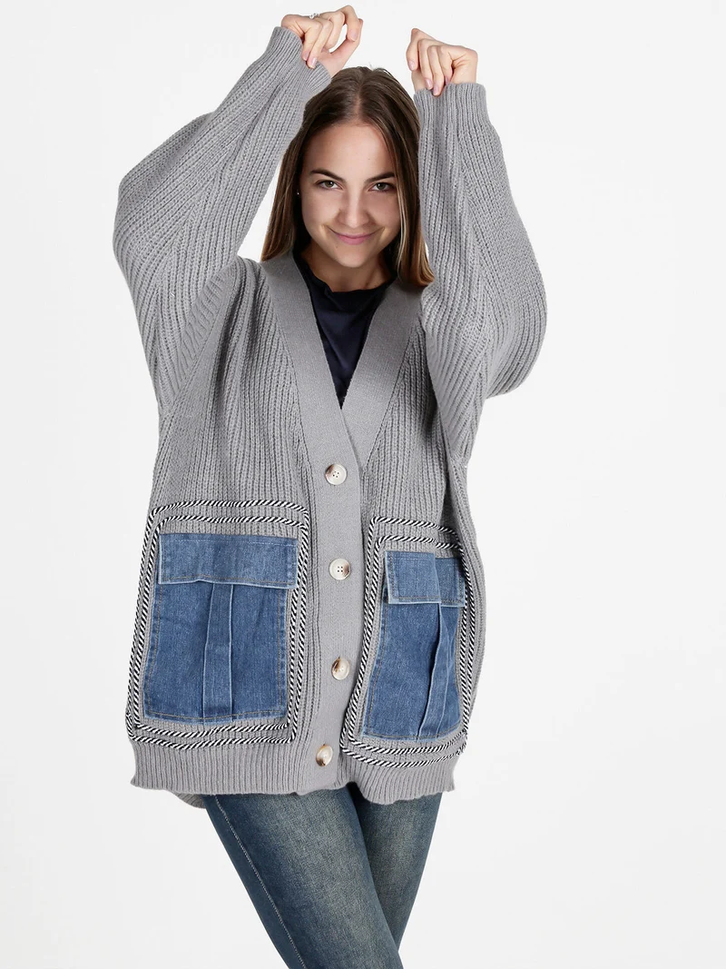 Cardigan donna ovesize in maglia con tasche in jeans - grigio
