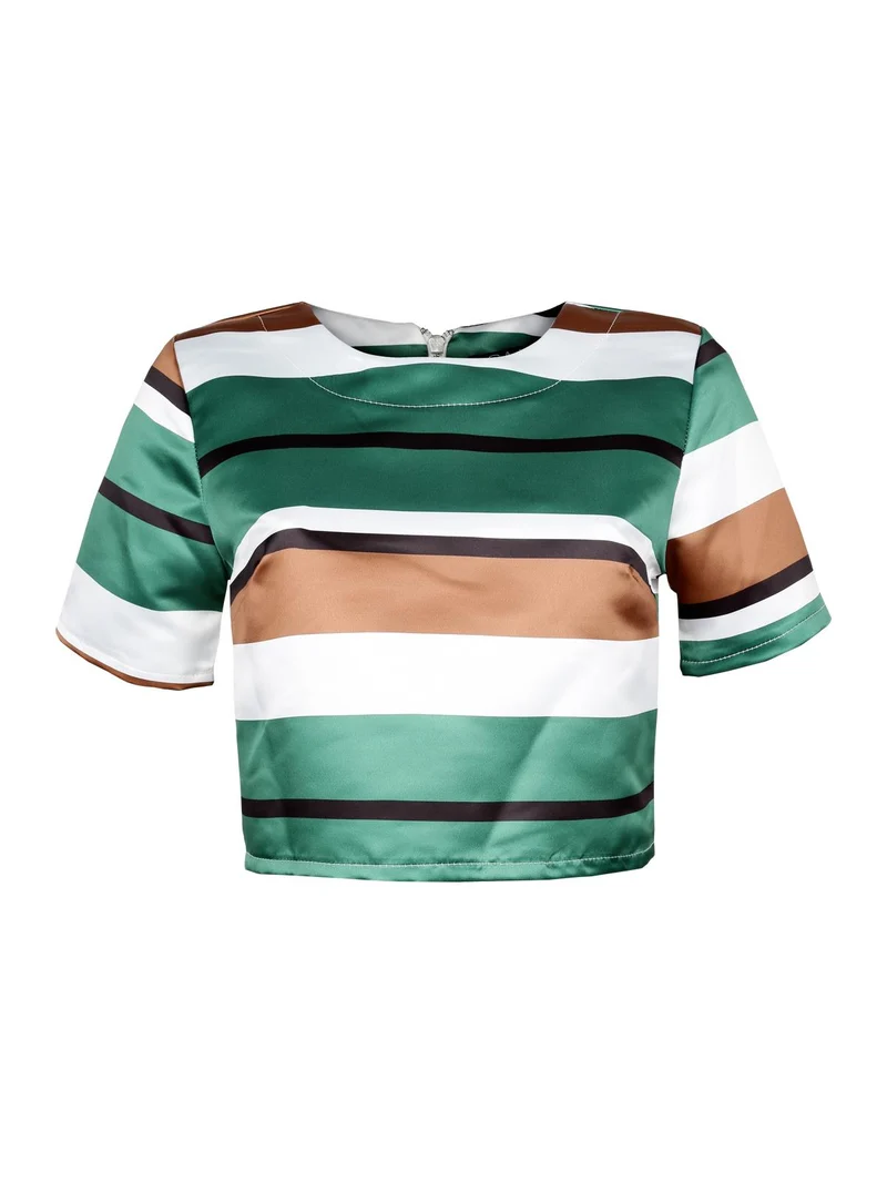 T-shirt cropped a righe con cerniera dietro - verde