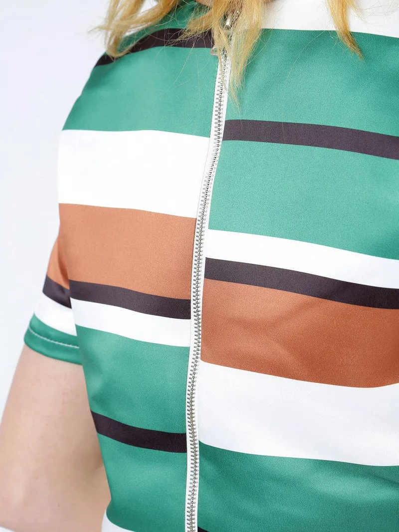 T-shirt cropped a righe con cerniera dietro - verde