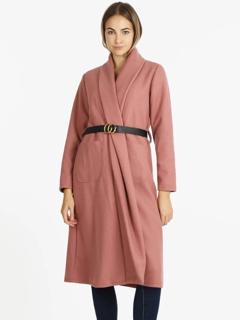Cappotto lungo da donna aperto con cintura - rosa