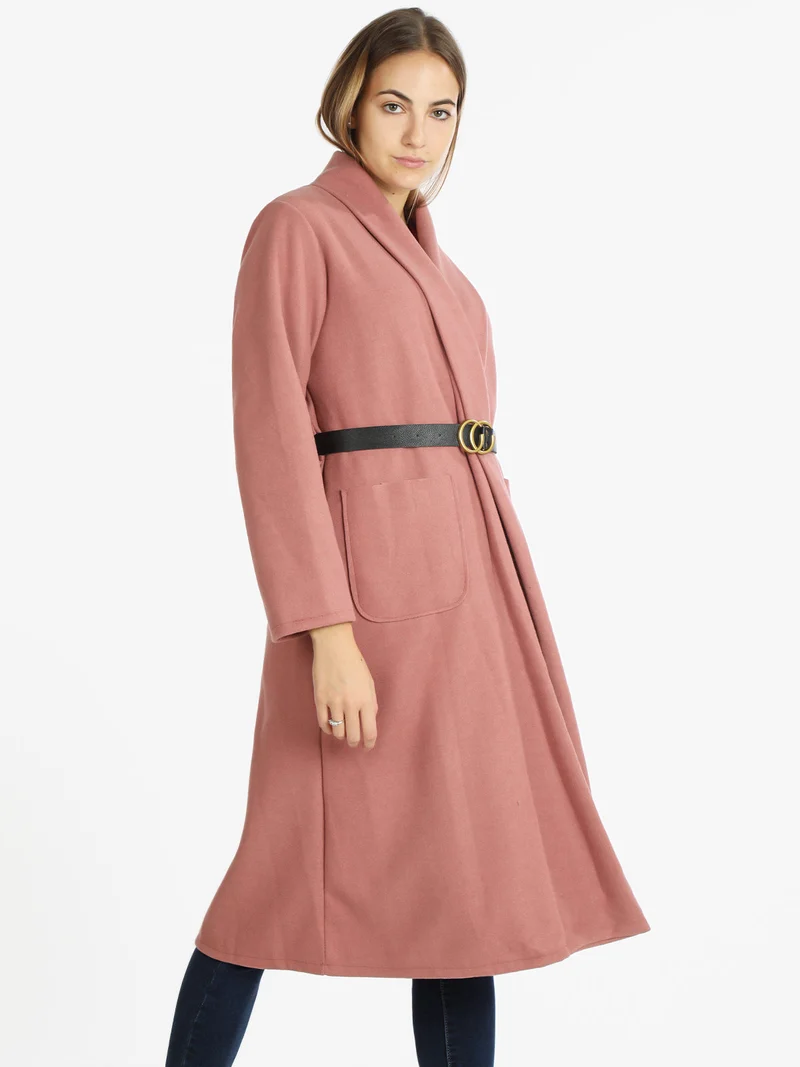 Cappotto lungo da donna aperto con cintura - rosa