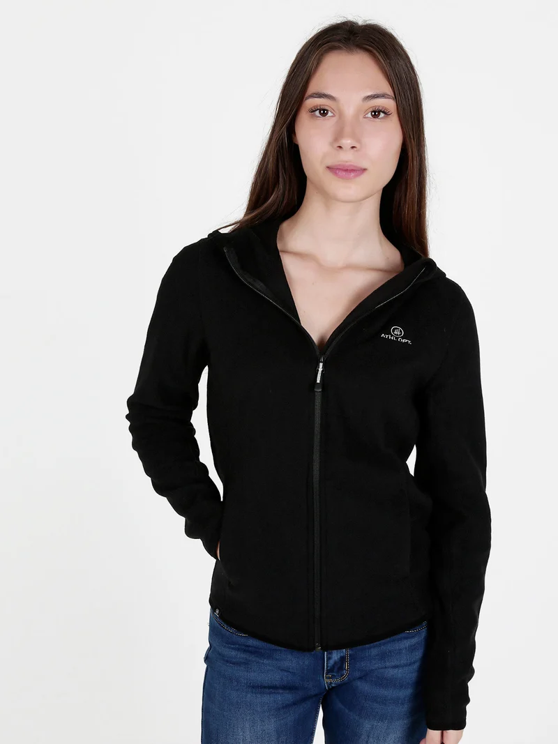 Felpa donna in pile con cappuccio e zip - nero