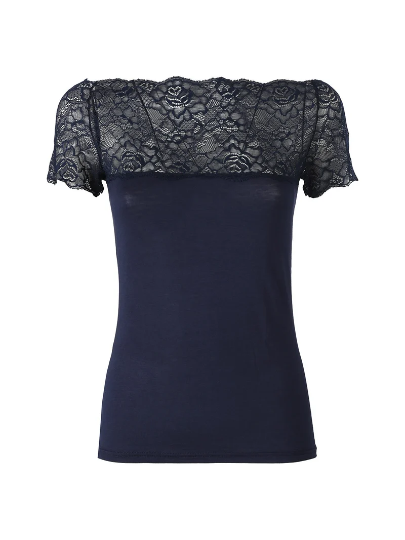 Maglia donna a maniche corte con scollo a barca in pizzo - blu scuro