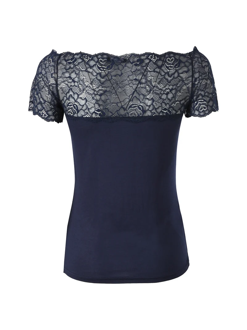 Maglia donna a maniche corte con scollo a barca in pizzo - blu scuro