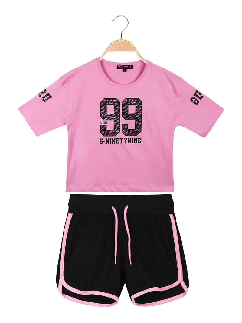 Completo corto da bambina in cotone - rosa