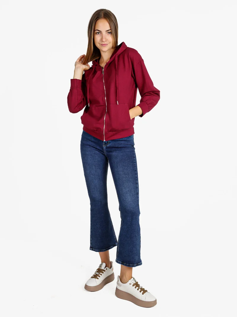 Felpa donna con cappuccio e zip - bordeaux