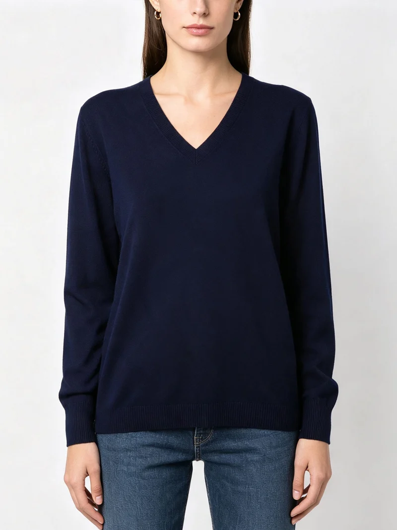 Pullover donna in maglia con scollo a V - blu scuro