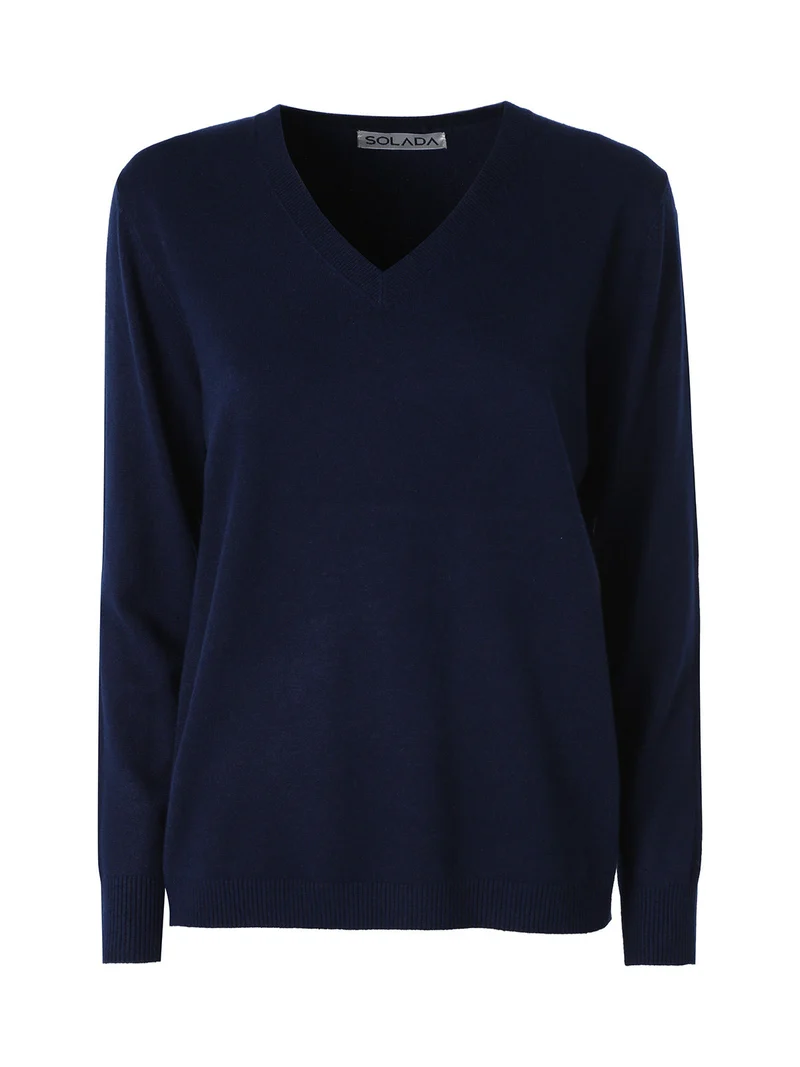 Pullover donna in maglia con scollo a V - blu scuro