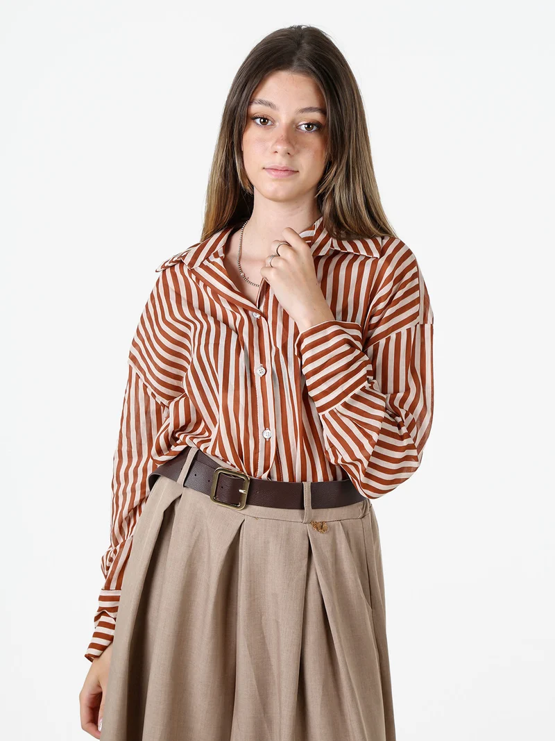 Camicia donna oversize in cotone con stampa a righe - cuoio