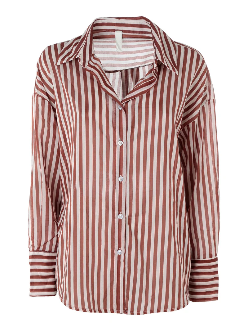 Camicia donna oversize in cotone con stampa a righe - cuoio