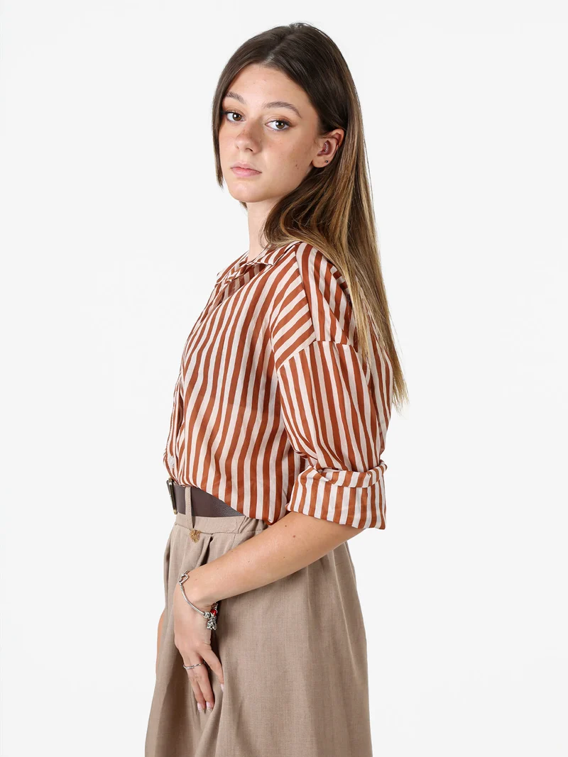 Camicia donna oversize in cotone con stampa a righe - cuoio