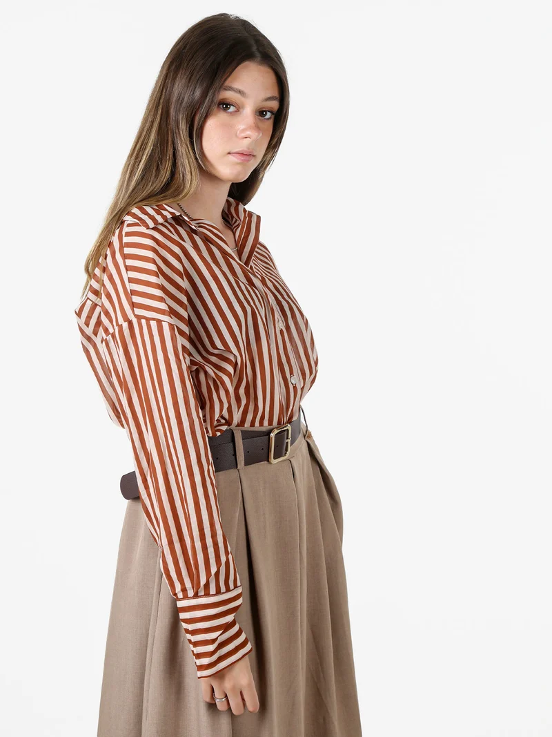 Camicia donna oversize in cotone con stampa a righe - cuoio