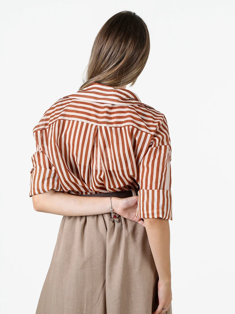 Camicia donna oversize in cotone con stampa a righe - cuoio