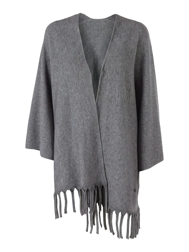 Cardigan aperto da donna in maglia con maniche a campana e frange sul fondo - grigio