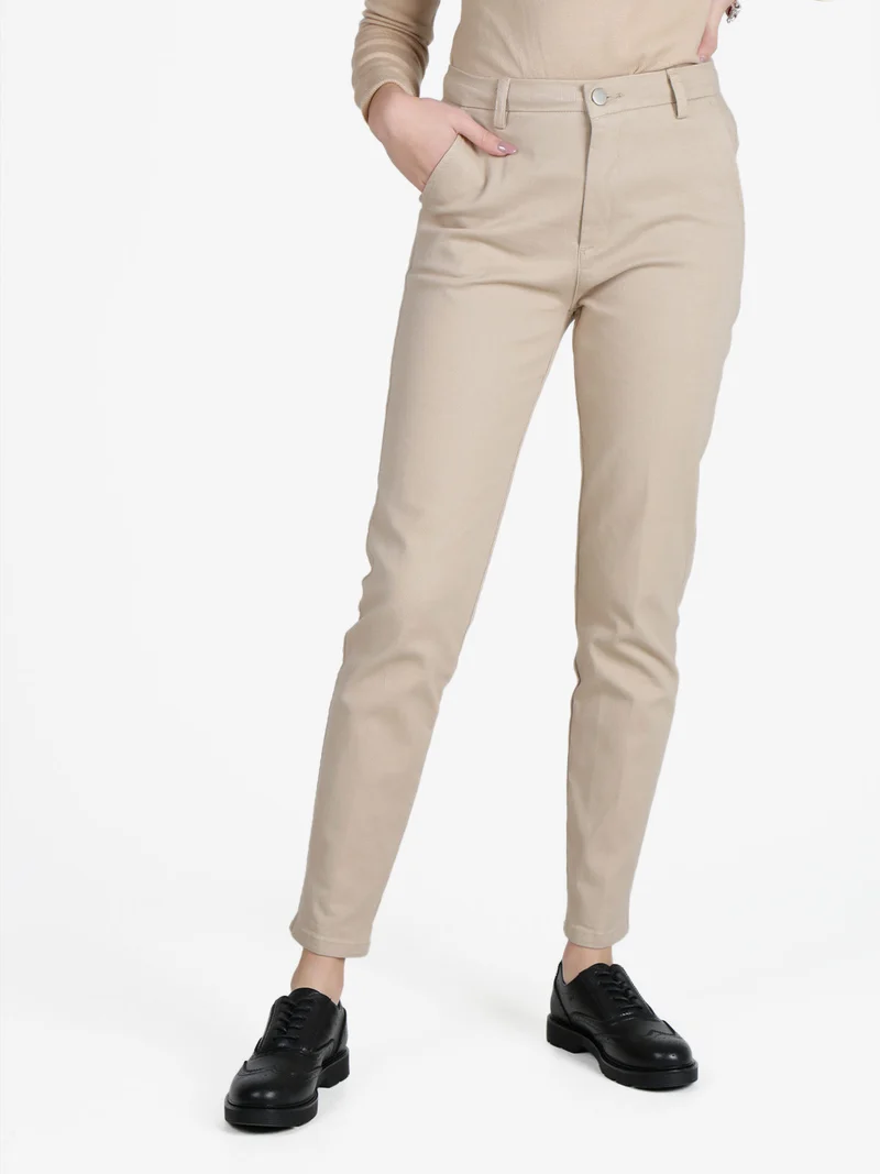 Pantaloni da donna a vita bassa in cotone - beige