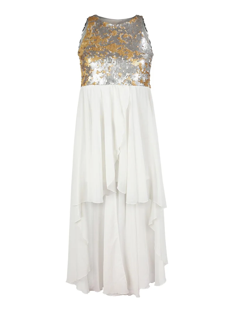 Vestito smanicato con paillettes e schiena scoperta - bianco