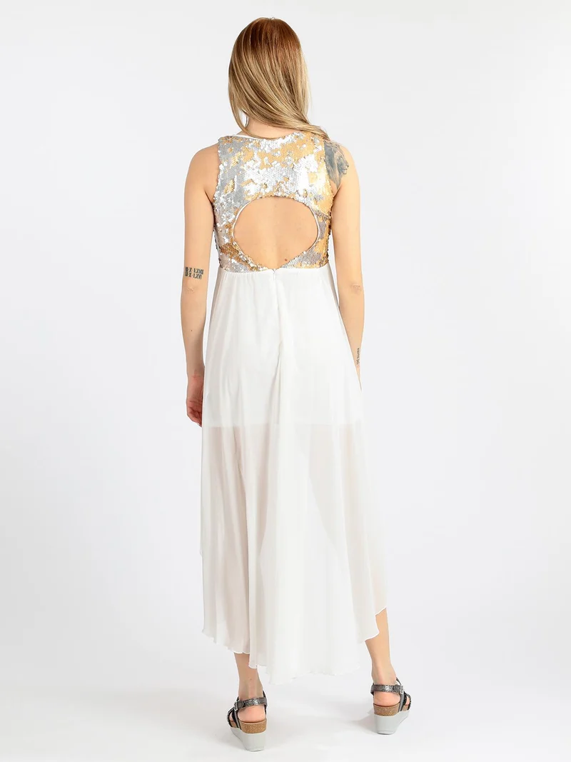 Vestito smanicato con paillettes e schiena scoperta - bianco