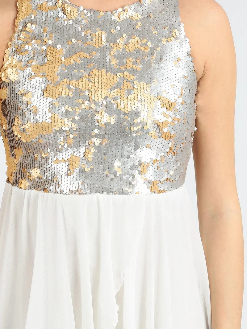 Vestito smanicato con paillettes e schiena scoperta - bianco