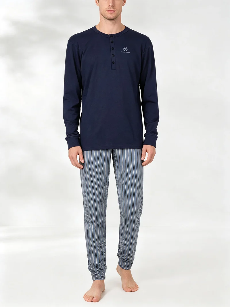 Pigiama lungo da uomo in cotone interlock con pantaloni a righe - avion