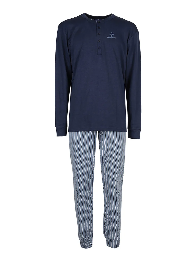 Pigiama lungo da uomo in cotone interlock con pantaloni a righe - avion