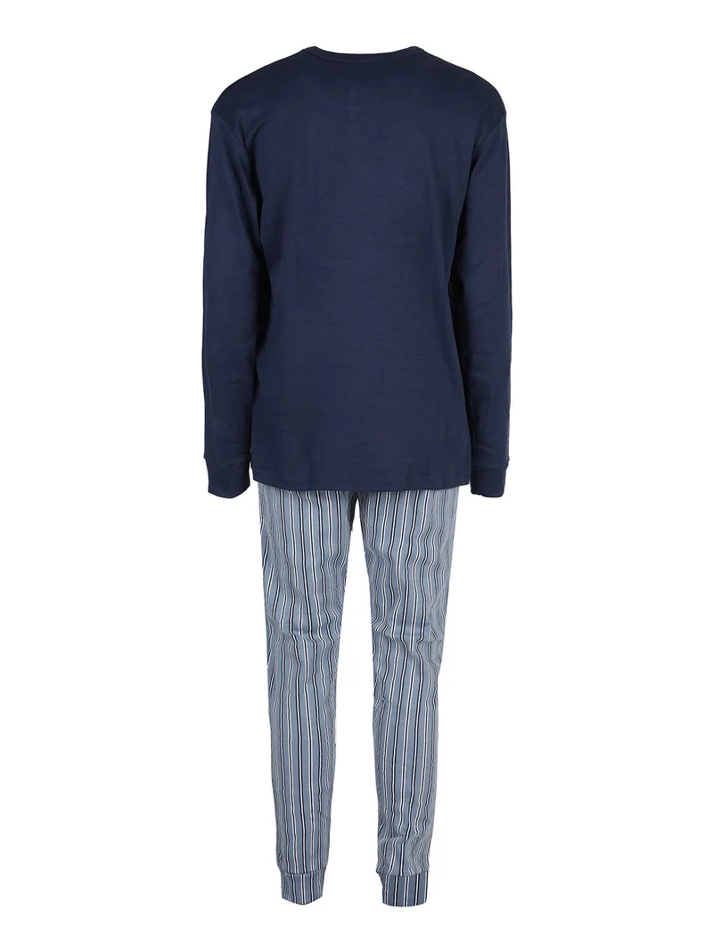 Pigiama lungo da uomo in cotone interlock con pantaloni a righe - avion