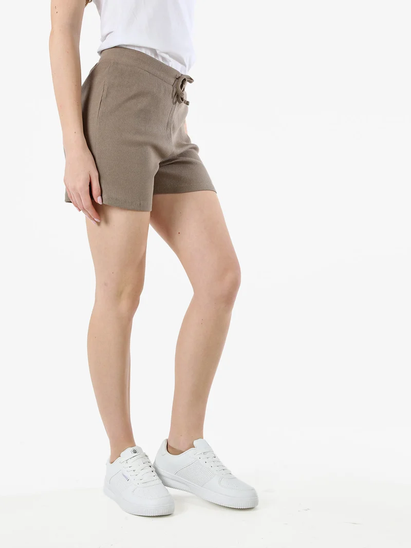 Shorts sportivi da donna a costine con coulisse - taupe