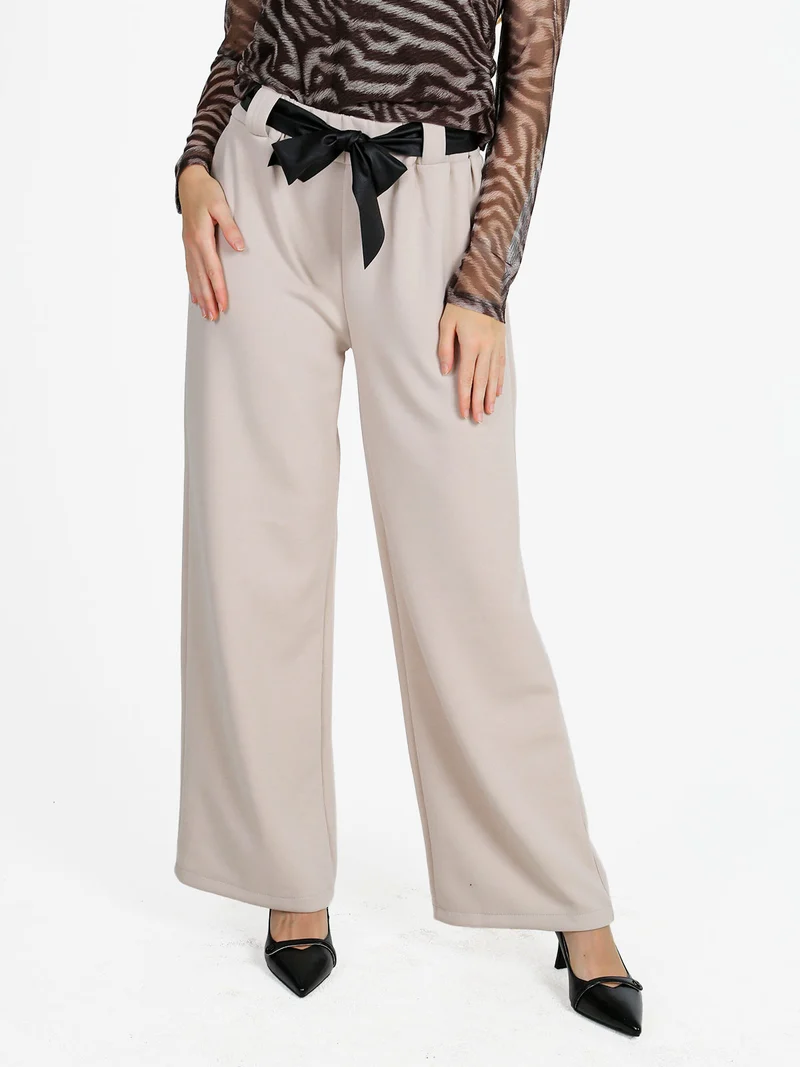 Pantaloni donna vita alta a gamba larga - beige