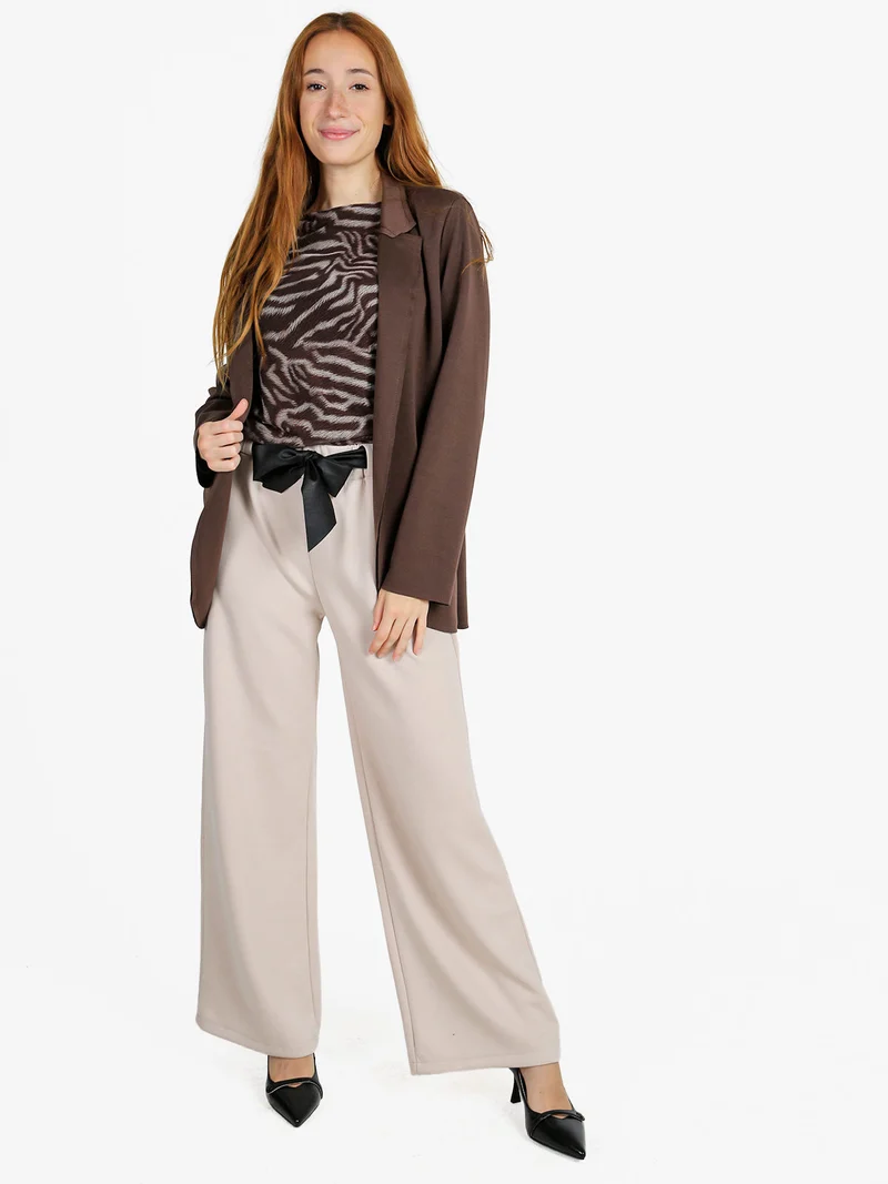 Pantaloni donna vita alta a gamba larga - beige